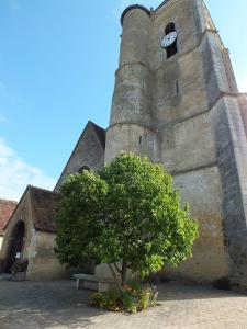 a building with a clock tower with a tree at Gîte Mézilles location sem-we in Mézilles +3 photos