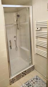 a shower with a glass door in a bathroom at Gîte Mézilles location sem-we in Mézilles