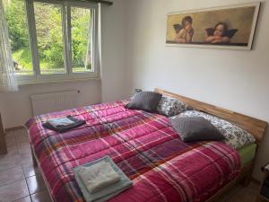a bedroom with a large bed with a colorful blanket at Appartamenti Posse- Verzasca in Lavertezzo