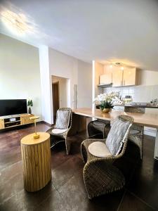 a living room with a large wooden table and chairs at Maja Apartment 3 in Funtana
