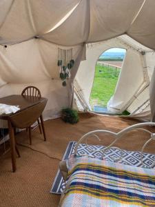 a room with a bed and a table in a tent at Flow Dome at Estuary Escapes in Kingsbridge
