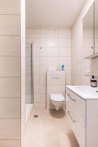 a white bathroom with a toilet and a shower at Apartment in Bayreuth in Bayreuth