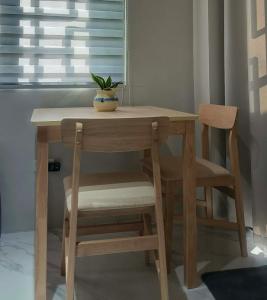 a wooden table and chair with a potted plant on it at Engil's Studio in San Jose Dinagat Islands Philippines in Bulawan