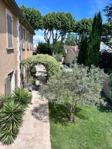 a garden with trees and a building and a bush at Les Tilleuls in Cavaillon