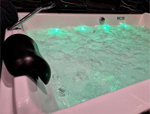 a dolphin in a bath tub with blue lights at 007 Loveroom Secrète Jacuzzi privé Cinéma 4K in Courcouronnes +21 photos
