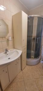 a bathroom with a sink and a shower at POD SOSNAMI - ul Dominicka 28 in Boszkowo +18 photos