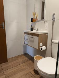 a bathroom with a white toilet and a sink at Chalé na Vila Do Sossego in Alfredo Wagner