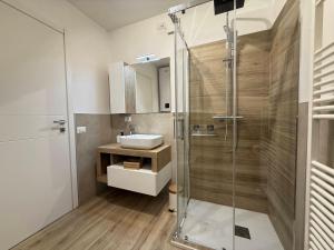 a bathroom with a glass shower and a sink at Dolce Vetta Valmalenco in Chiesa in Valmalenco +24 photos