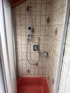 a shower in a bathroom with a red tub at Cozy Attic in Berkach +2 photos