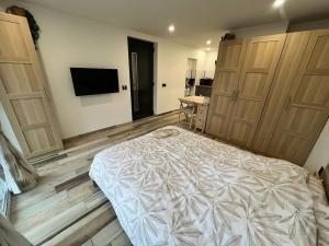 a bedroom with a bed and two wooden doors at Studio au Fil de l'eau in Langatte