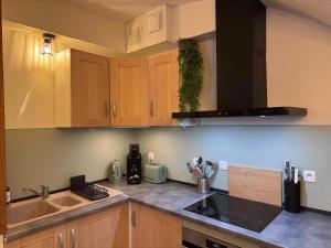 a kitchen with wooden cabinets and a counter top at Le Secret d'Adèle in Chateauroux-les-Alpes