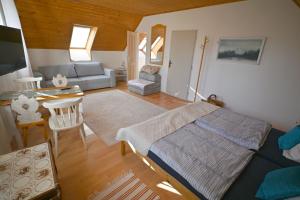 a living room with a bed and a couch at Penzión Belvia in Nová Lesná