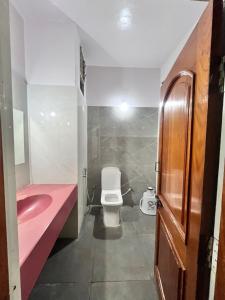 a bathroom with a pink sink and a toilet at MRP Residency in Chitradurga