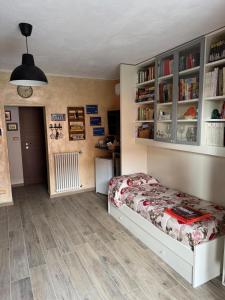 a bedroom with a bed and book shelves at B&B Borgo dei Cedri in Pontecchio
