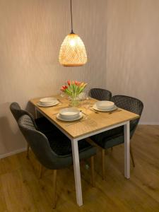 a dining room table with chairs and a light fixture at Kurzeit 38 in Bad Nenndorf