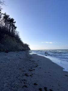 a beach with footprints in the sand and the ocean at Strandkorb 115 in Rostock