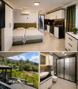 a kitchen and a bedroom with a bed and a bathroom at Taşhan Apart Otel in Didim