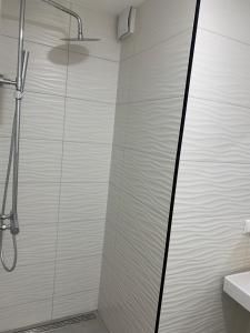 a shower stall with a glass door in a bathroom at Apartments Adelheid in Wathlingen +1 photo