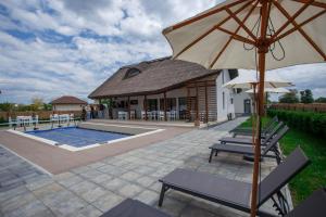 a patio with chairs and an umbrella and a pool at Danube Delta Bungalows Gorgova in Gorgova