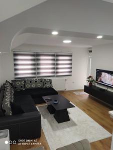 a living room with a black couch and a tv at Stan Pljevlja in Pljevlja