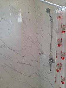 a bathroom with a shower with a shower curtain at El Belichito in Belén +33 photos