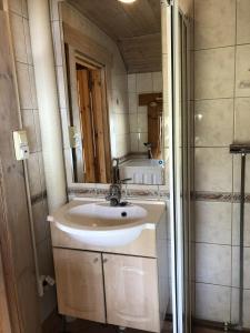a bathroom with a sink and a mirror at Timber cabin, centrally located in Bodø in Bodø