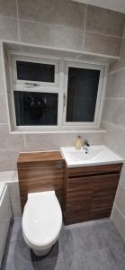 a bathroom with a toilet and a sink and a window at Terling House in Hythe +13 photos