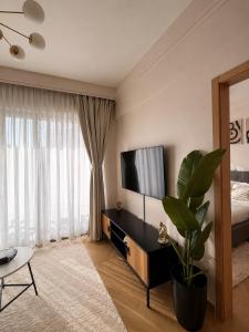 a living room with a television and a plant at Oderm one bedroom apartment in Syokimau near jkia airport and sgr station in Nairobi in Nairobi