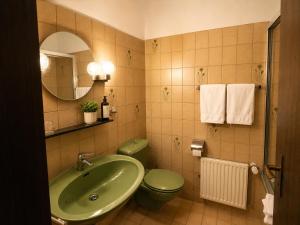 a bathroom with a green sink and a toilet at Hotel Wildpferd Dülmen in Dülmen