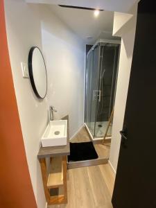 a bathroom with a sink and a shower at La Cabane Perché in Ault