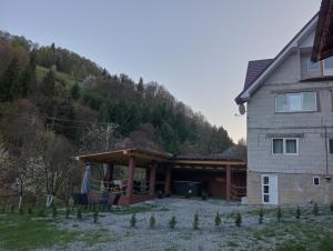a house with a covered patio next to a mountain at Cabana Bianca & Iair in Poiana Vadului