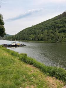 a river with a boat docked at a dock at Amor Mosel Stay in Klotten