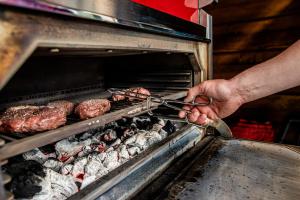 a person is cooking meat in an oven at Camping Mitrov in Strážek