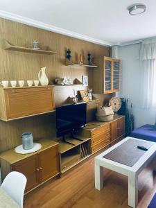 a living room with a tv and wooden shelves at Casona Mayor in Andorra