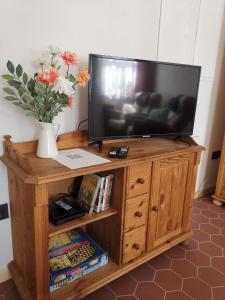 a television on a wooden stand with a vase of flowers at Vielstubenhaus - FeWo August in Pirna