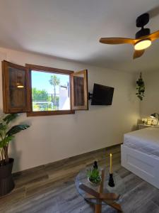 a living room with a bed and a ceiling fan at La Petite Finca in Elche