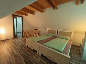 two beds in a room with wooden floors at Dodo Land in Săcel
