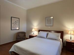 a bedroom with a bed with two lamps and a chair at Rhodes Soul Luxury Home in Asgourou