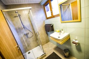 un bagno con doccia e lavandino di Penzion Flores a Demänovská Dolina Altre 37 foto