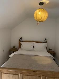 a bedroom with a large bed with a chandelier at Het Molenaarshuis in Vijverbroek