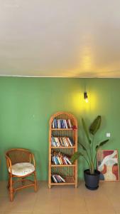 a room with a book shelf and a chair and a plant at Old Kalamaki Pansiyon in Kalkan