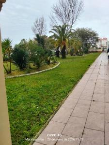 a sidewalk in a park with grass and palm trees at Estudio DUNA BLANCA in Matalascañas