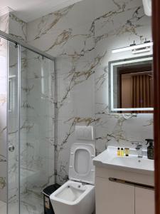 a bathroom with a toilet and a sink and a mirror at Hotel Exclusive in Tirana +174 photos