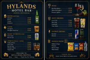 a menu for the hylands hotel bar at Hylands Hotel Double Room with Private Bathroom & Free Parking in Nottingham