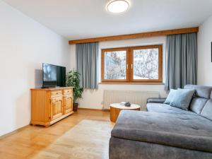 a living room with a couch and a tv at An der Ache XL in Kirchberg in Tirol