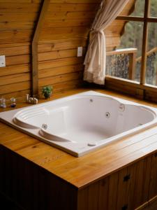 a large bath tub in a wooden bathroom with a window at Refúgio Suiço em Vargem Alta in Vargem Alta