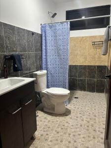 a bathroom with a toilet and a blue shower curtain at Demi Apartment in Zaachila