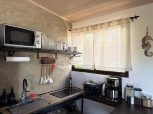 a small kitchen with a sink and a microwave at Avellanas Tiny Villa 1BR Private Self check in in Santa Cruz