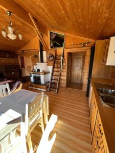 a kitchen and dining room of a tiny house at Ryten View Retreat in Hovdan