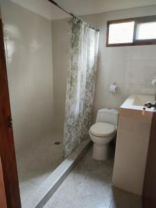 a bathroom with a toilet and a shower curtain at Serena Grau in San Antero